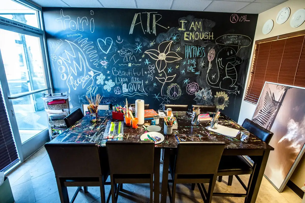 Art table with chalkboard wall — “I am enough”