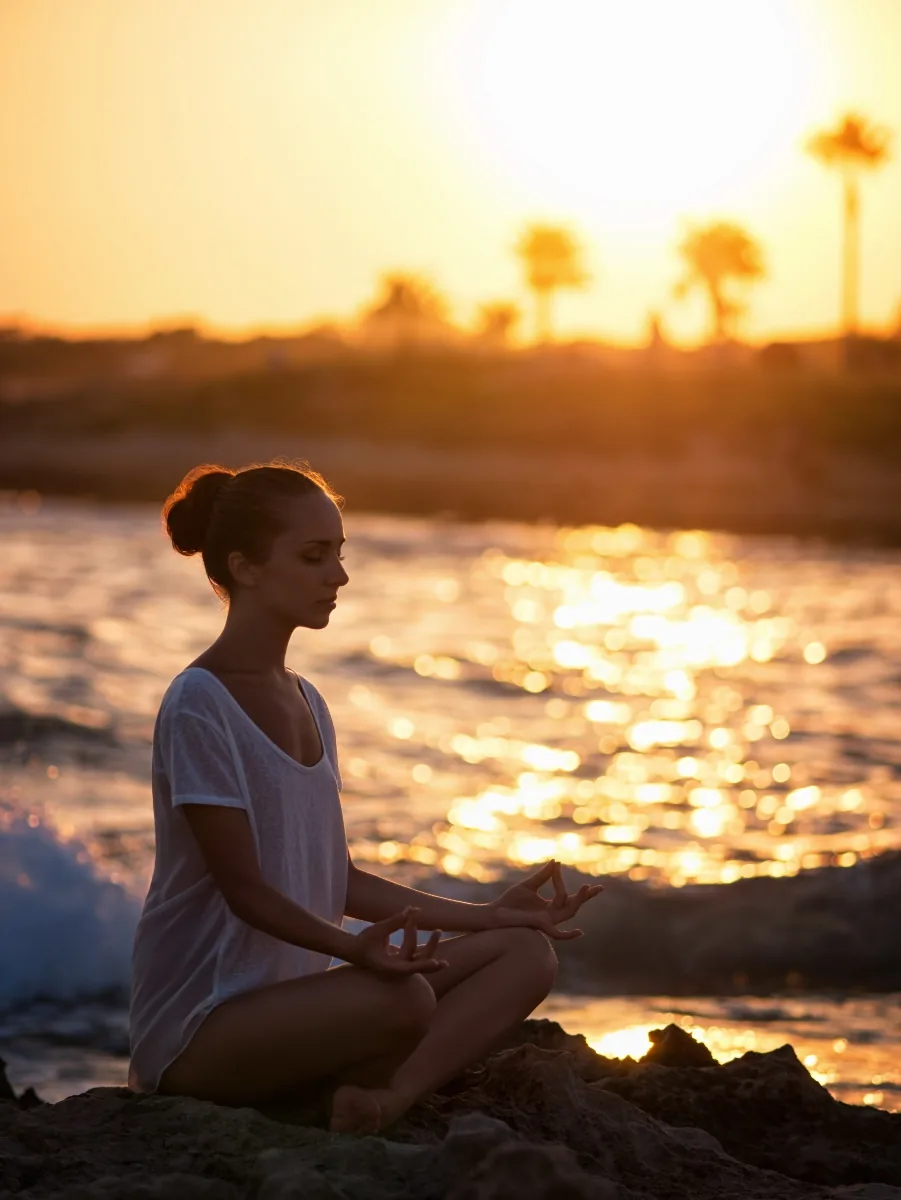 A woman meditating at sunset along the Pacific coast